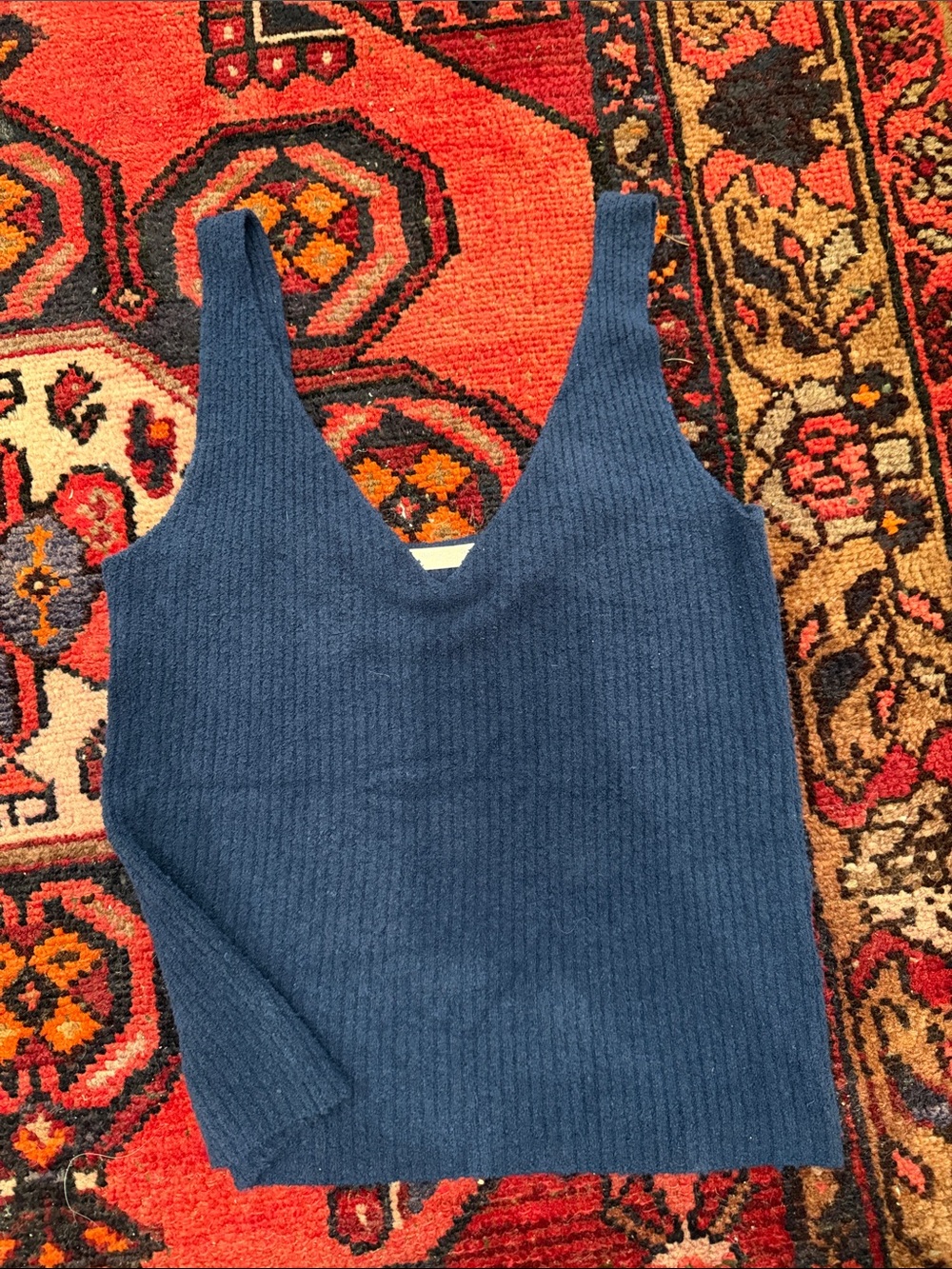 One Grey Day Ribbed V-Neck Tank Top - Navy